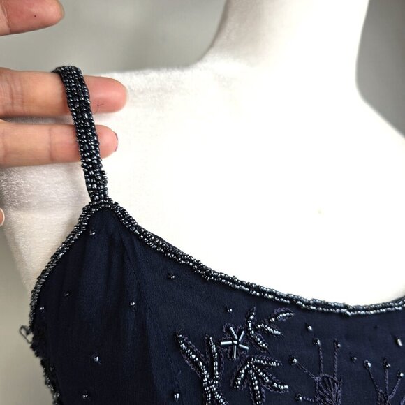 Vintage Adrianna Papell Navy Blue Silk Beaded Long Formal Ball Gown Prom Dress - Picture 5 of 11
